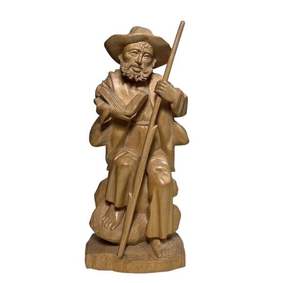 Vtg Antique Hand Carved Folk Art Man Standing Book Beard Hat Reader Stick - Picture 7 of 9